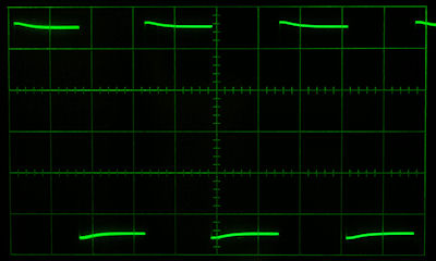 oscilloscope display of 300 Hz square wave before mods